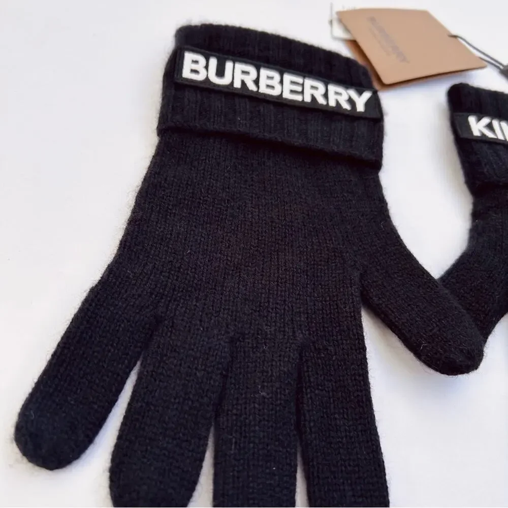 Burberry Kingdom Logo Cashmere Gloves in Black and White Size Small/Medium‎